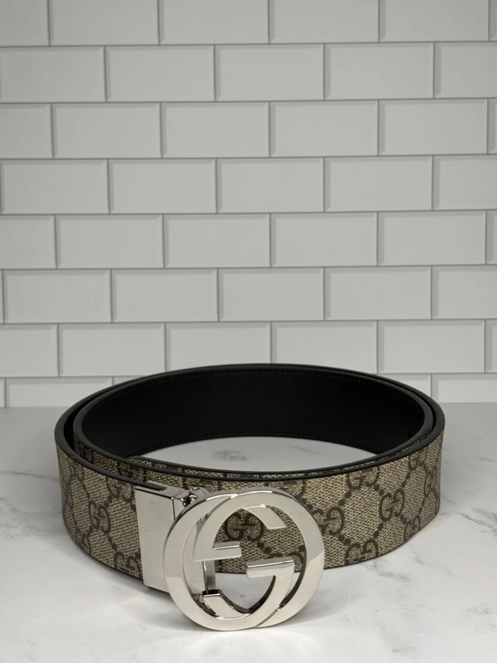 Gucci Beige GG Canvas Belt with Silver Double G Buckle